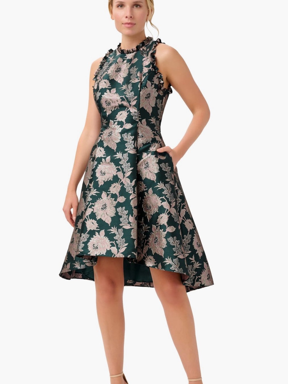 Adrianna Papell Metallic Ruffle Jacquard Dress in Hunter Multi